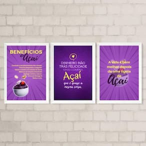 Kit 3 Quadros Decorativos Frases Açaí 24X18Cm - Branca
