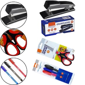 Kit Escolar Escritório Grampeador + Tesoura E 3 Canetas