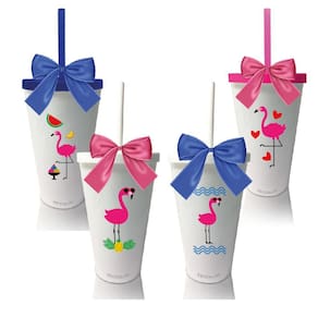 Kit 4 Copos Com Tampa E Laço Flamingo Dia Das Crianças