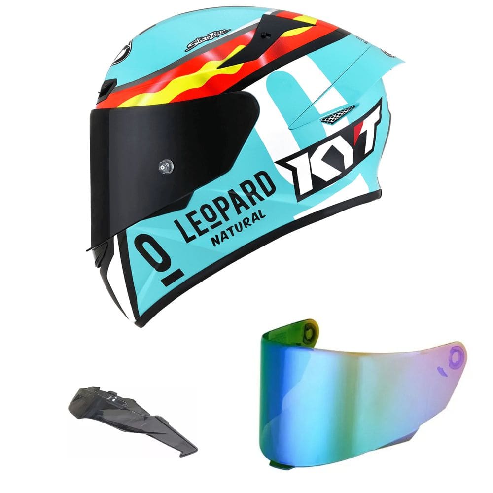 Capacete KYT TT Course Jaume Masia Leopardo Azul Mais Viseira Camaleão e Spoiler Fumê