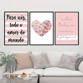 Kit 3 Quadros Todo Amor Do Mundo - Coração 60X40Cm Preta