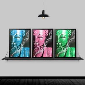 Kit 3 Quadros Feng Shui Budas Coloridos 33X24 Moldura Preta