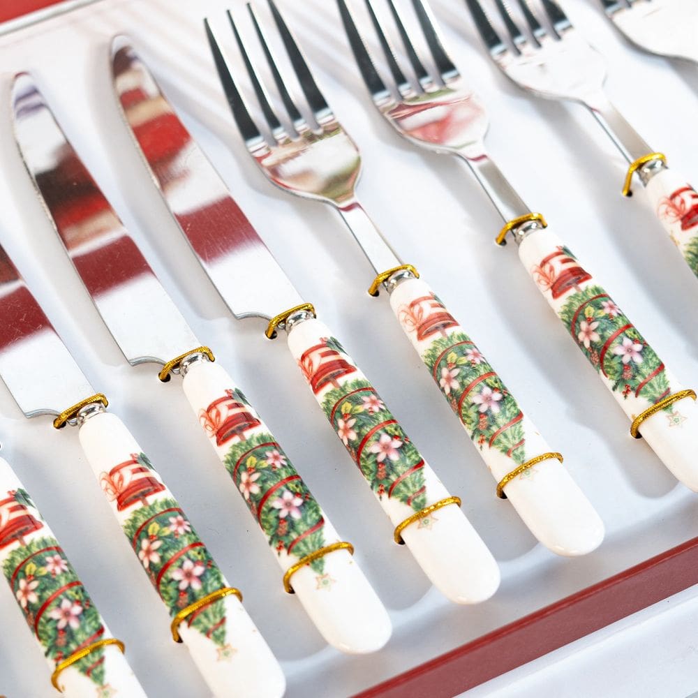 Jogo Conjunto Faqueiro Porcelana Talheres De Natal 12 Peças