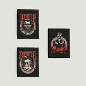 Kit 3 Quadros Barber Shop Skull 45X34Cm Vidro Moldura Preta