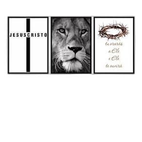Kit 3 Quadros Leão Jesus Cristo 24X18 C/Vidro Madeira Preta
