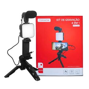 Kit de Gravação 4 em 1 Tripé LED 6500K Microfone, Suporte Celular Universal com Cabo P2 e Pilhas AAA