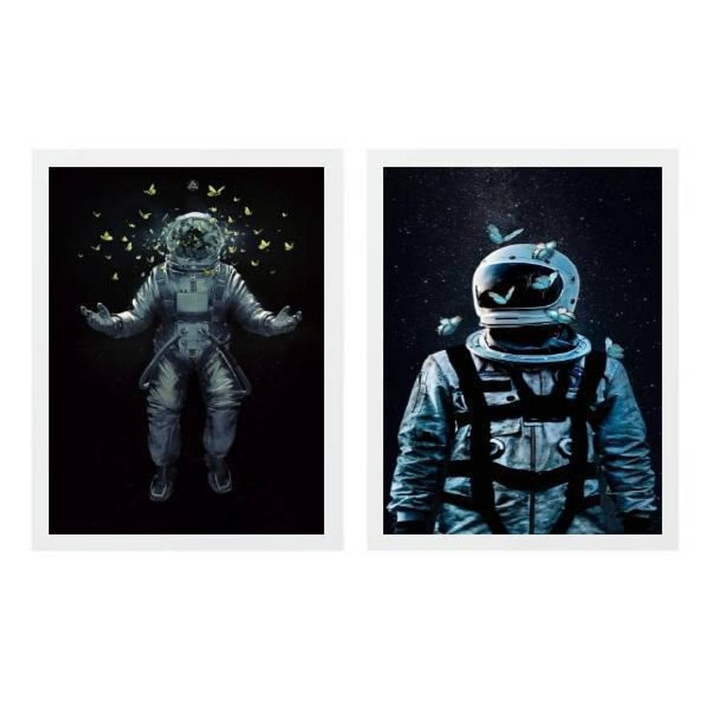 Kit 2 Quadros Astronautas Borboletas 24X18Cm Moldura Branca