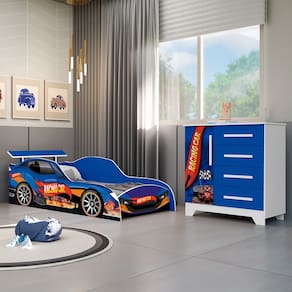 Kit Quarto Infantil Carros - Cama Solteiro Proteção Lateral com Colchão e Comoda Mdf - Azul