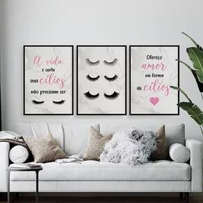 Kit 3 Quadros Cílios Em Forma De Amor 33X24Cm Madeira Preta