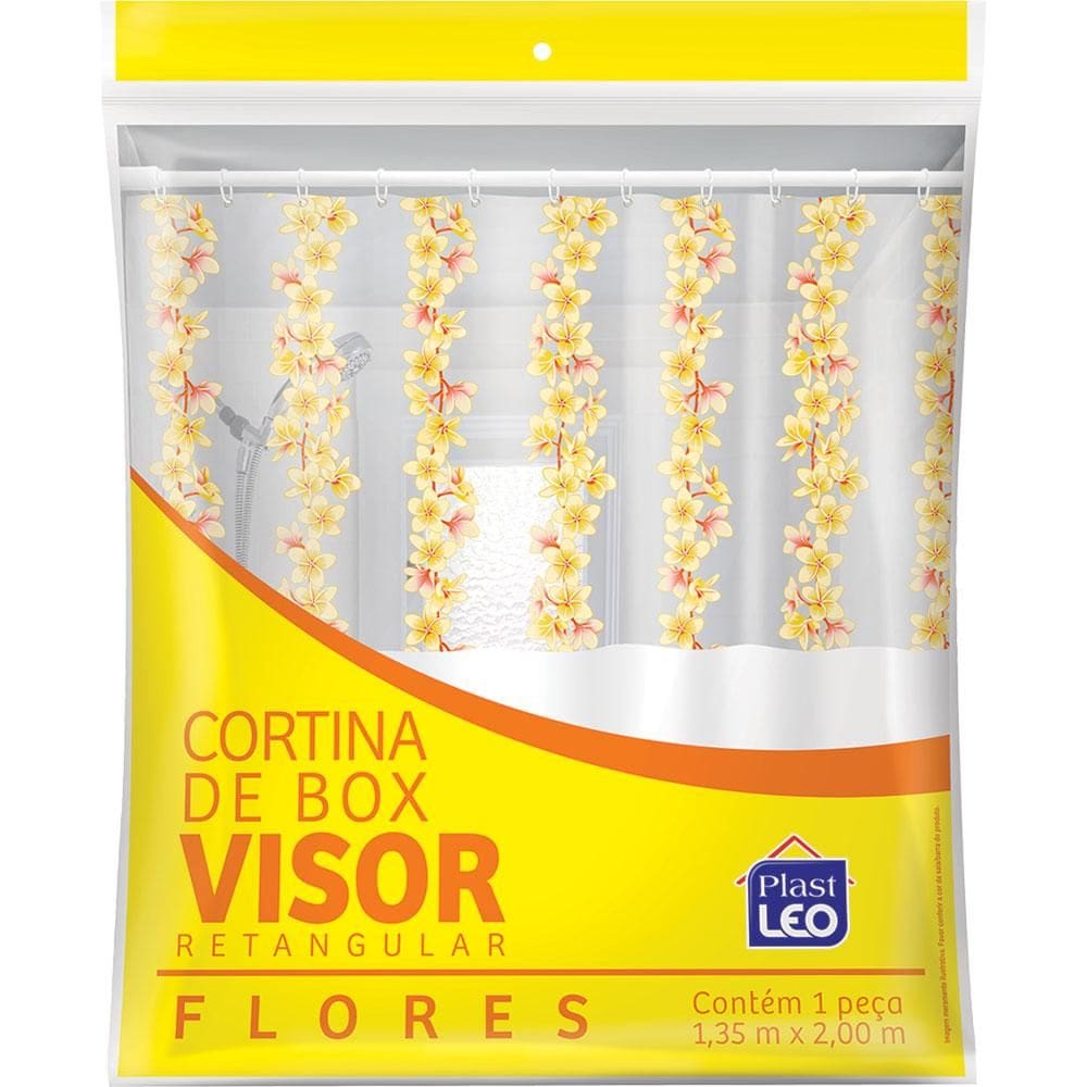 Cortina para Box Vinil 135x200cm Plast Leo com Visor Retangular Estampado Flores Amarela