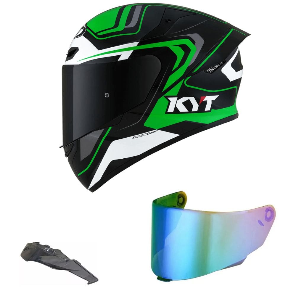 Capacete KYT TT Course Overtech Preto e Verde Mais Viseira Camaleão e Spoiler Fumê