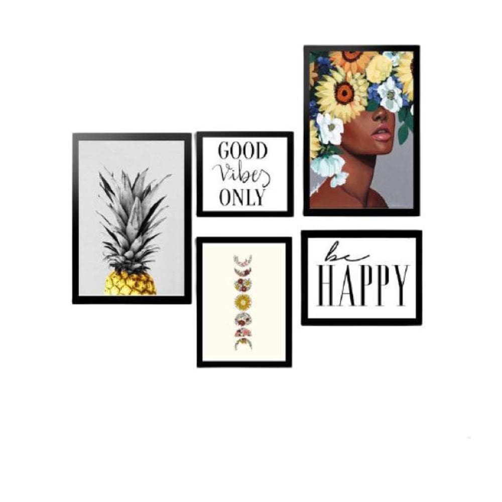 Kit 5 Quadros Decorativos Com Molduras Pretas Be Happy