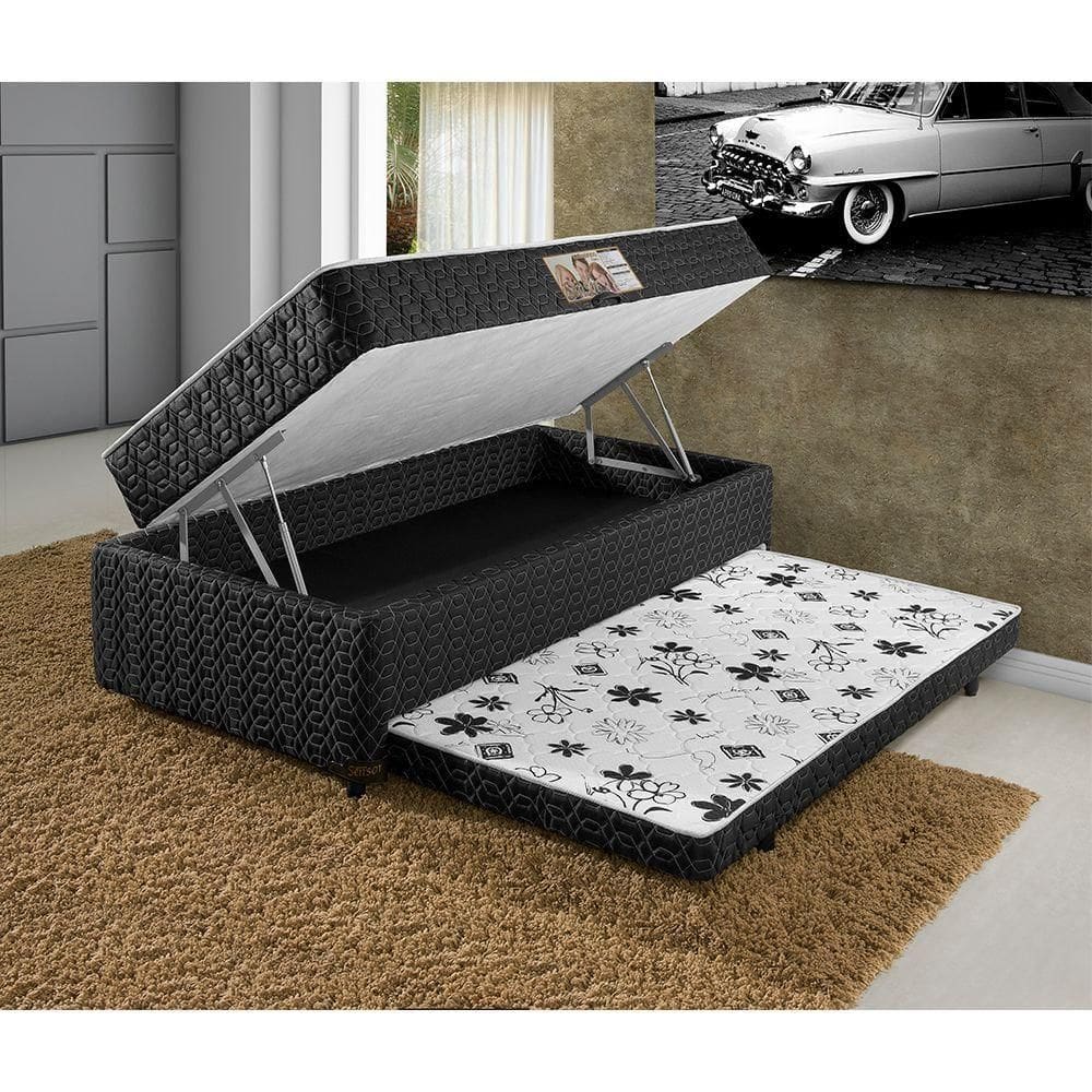 Colchão Solteiro Elite 3em1 Colchão Espuma D28 + Baú Profudidade 17 Cm + Cama Auxiliar 88x58x188 - Preto
