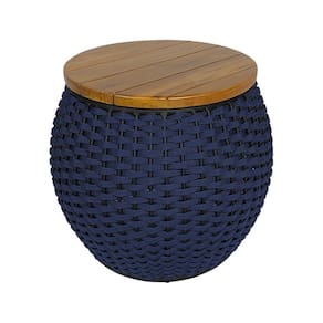 Puff Barril Alumínio Tampo Madeira Corda Náutica Azul Marinho - Azul