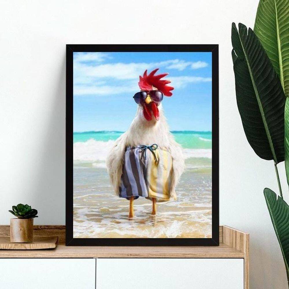 Quadro Decorativo Galo Na Praia 24X18Cm - Com Vidro