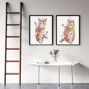 Kit 2 Quadros Decorativos Gatinhos Florais 45X34Cm - Preta