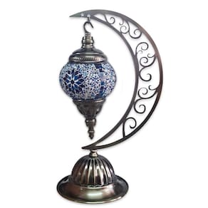 Abajur Lua Turco Mosaico Metal Estrela Azul e Branco 40 cm