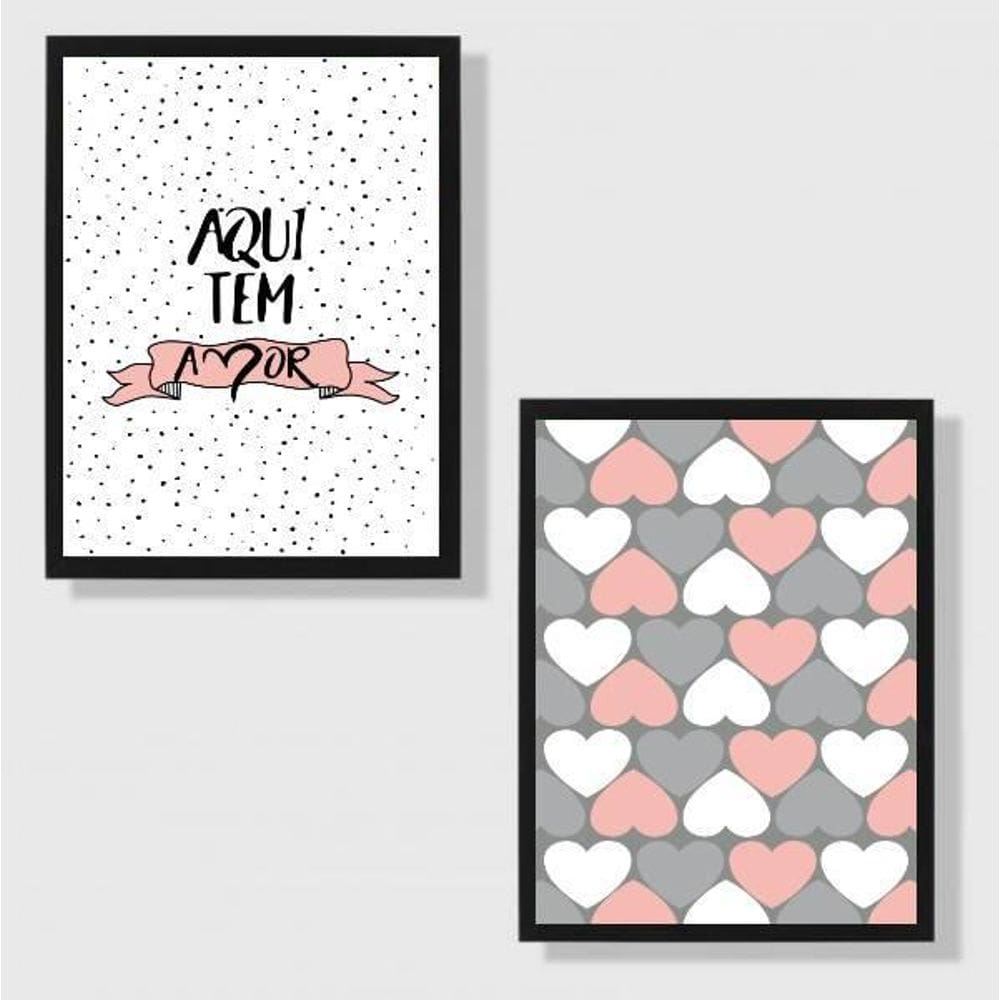 Kit 2 Quadros Aqui Tem Amor Rosa 33X24Cm - Com Vidro