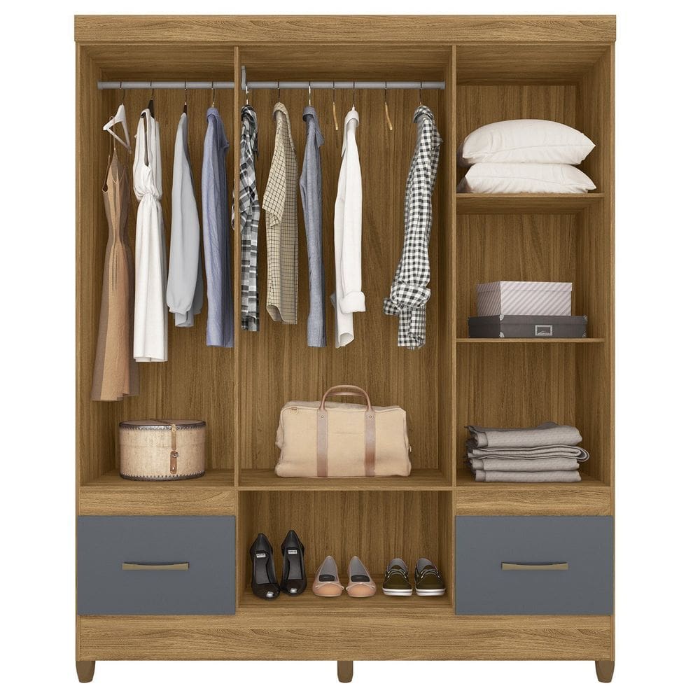 Guarda-roupa Casal com Espelhos 6 Portas 2 Gavetas e Pés Ms912 Freijó/Cinza