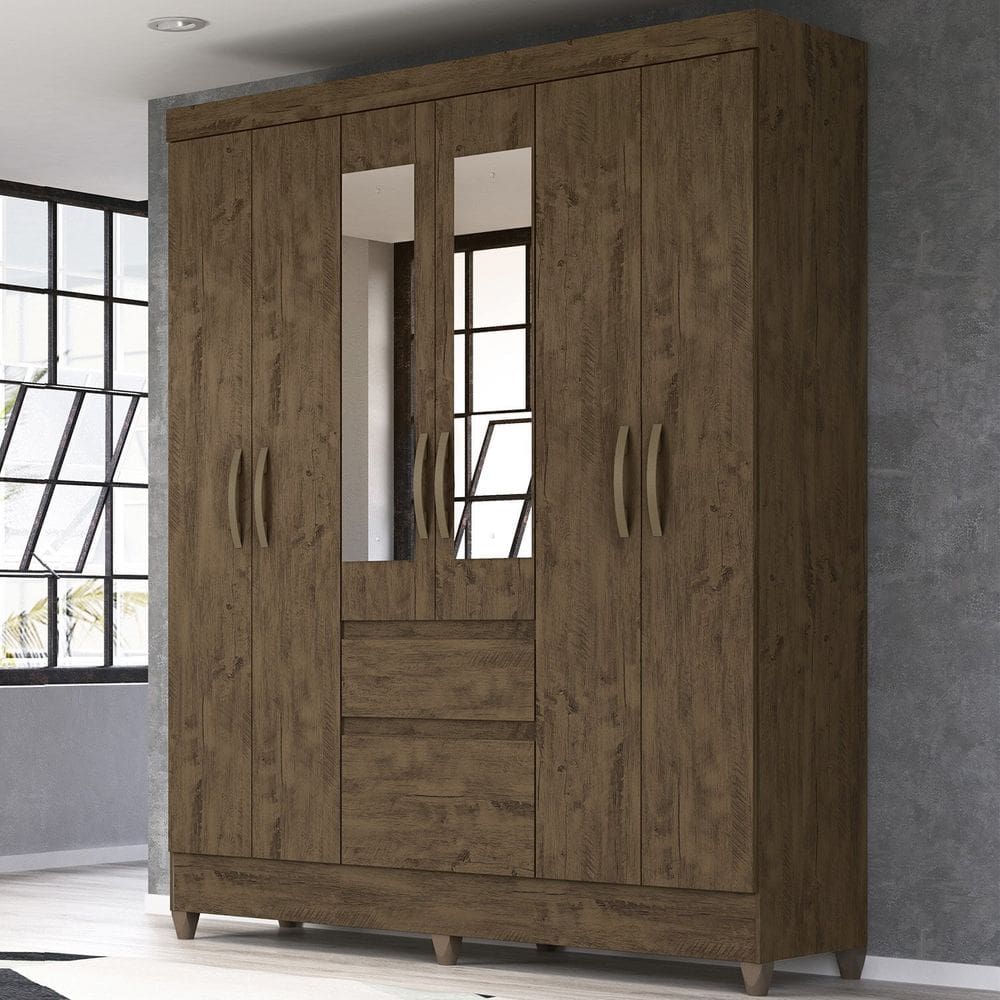 Guarda-roupa Casal com Espelhos 6 Portas 2 Gavetas e Pés New Cuba Castanho Wood