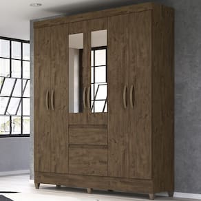Guarda-roupa Casal com Espelhos 6 Portas 2 Gavetas e Pés New Cuba Castanho Wood