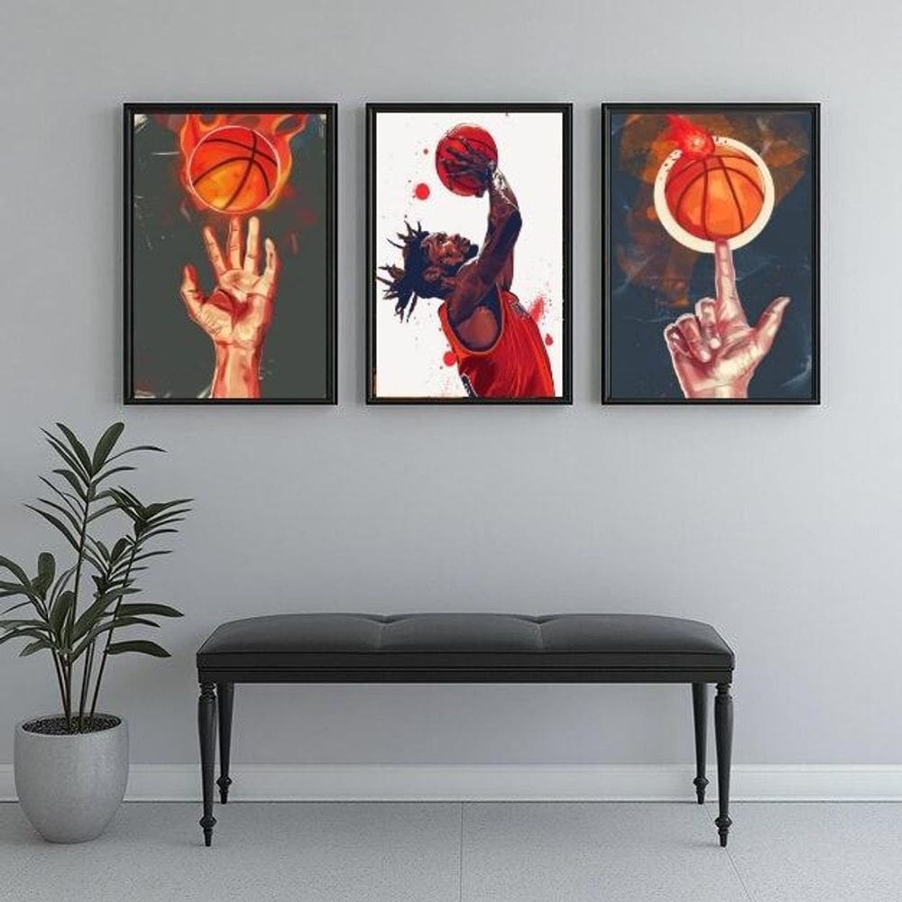 Kit 3 Quadros Jogador De Basquete 33X24Cm - Com Vidro