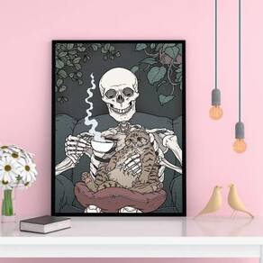 Quadro Caveira Com Gatinho Tomando Café 24X18Cm Vidro Preta