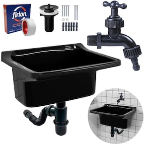 Tanque Plástico 34L Lavanderia Preto + Sifão Copo Universal