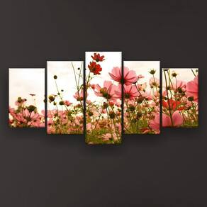 Quadro Decorativo Mosaico 5 Peças Cosmos Rosa Fundo Branco
