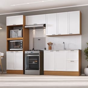 Cozinha Compacta 4 Peças 2 Aéreos 1 Balcão 1 Paneleiro Torre Quente Soho Cabecasa Madeiramadeira Freijó/Branco