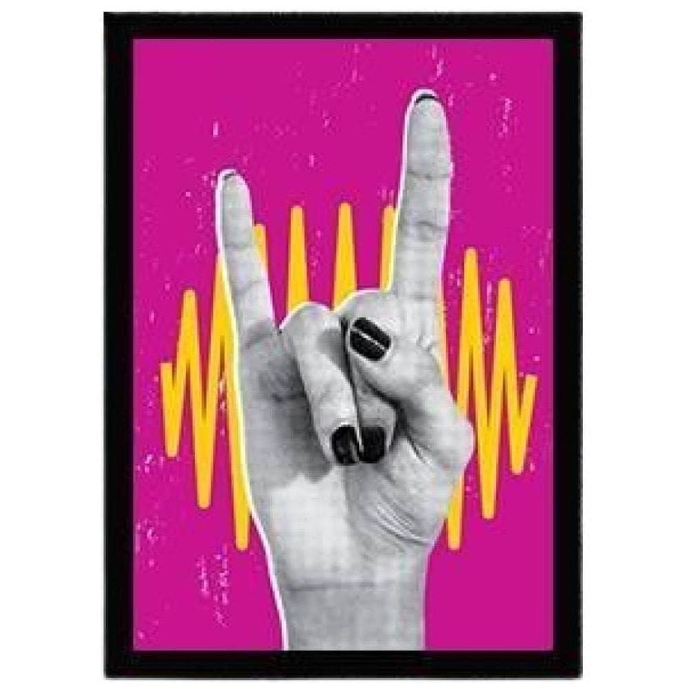 Quadro Decorativo Mão Símbolo Rock N` Roll Com Vidro 24X18Cm