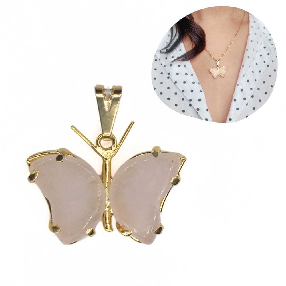 Pingente de Borboleta Pedra Quartzo Rosa P