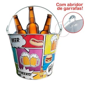 Kit 2 Baldes De Gelo Para Cerveja Estampado Em Metal Galvanizado Com Abridor 4,8 Litros