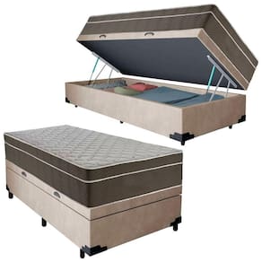 Cama Box Baú Suede Solteiro + Colchão Serene Molas Ensacadas 88x188x69 Cor:bege