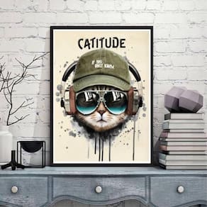 Quadro Decorativo Gato Catitude 45X34Cm Vidro Moldura Preta