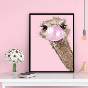 Quadro Decorativo Avestruz Bubble Gum 24X18 C/Vidro - Preta