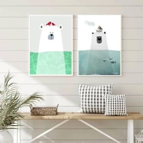 Kit 2 Quadros Ursos Do Mar 45X34Cm Com Vidro Moldura Branca