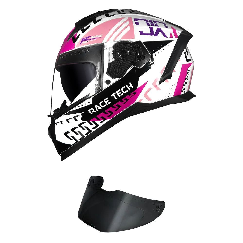 Capacete Race Tech Volt Ninja Branco e Rosa Mais Viseira Fumê
