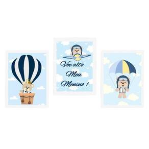 Kit 3 Quadros Infantis Voe Alto Ursinho 45X34 C/Vidro Branca