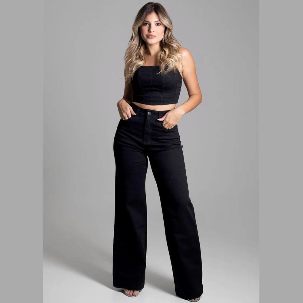 Calça Feminina Wide Leg Sarja preta Sawary  275028