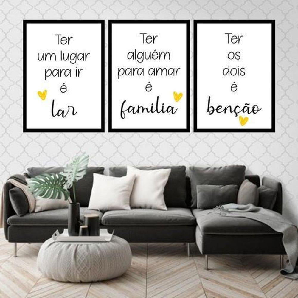 Kit 3 Quadros Lar, Família, Benção -Amarelo 60X40Cm Preta