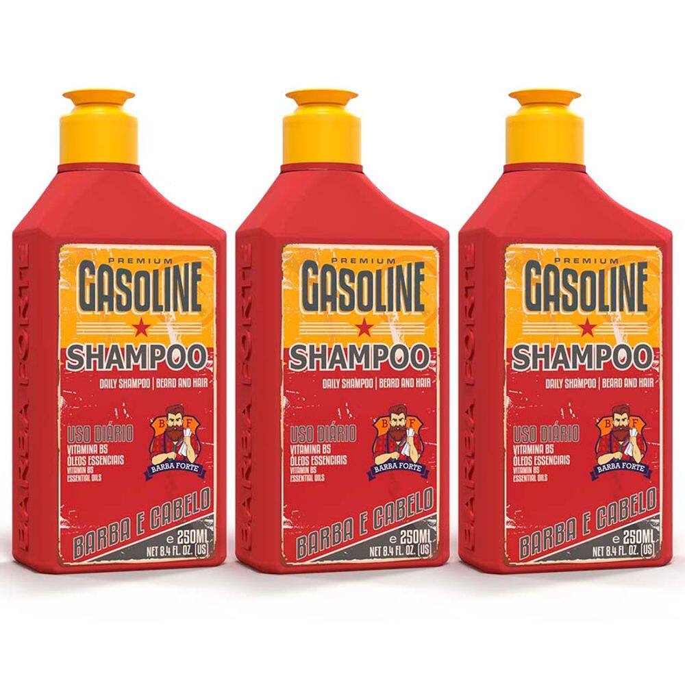 Kit 3 Shampoo Gasoline Premium Barba e Cabelo Uso Diário 250mL Barba Forte