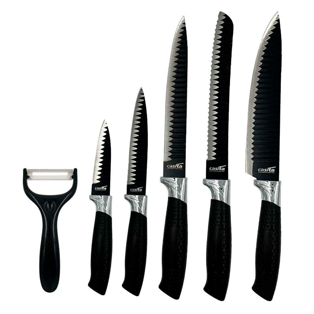 Jogo de Facas Inox Chef Profissional 5 Facas Cabo Texturizado + 1 Descascador