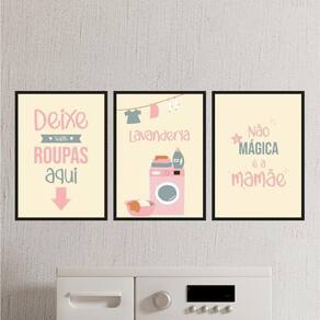 Kit 3 Quadros Lavanderia Mágica 45X34Cm - Com Vidro Preta