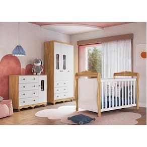 Quarto de Bebê Completo Guarda-roupa Cômoda com Janelas e Berço 100% Mdf Aurora Espresso Móveis Branco Brilho/Amêndoa