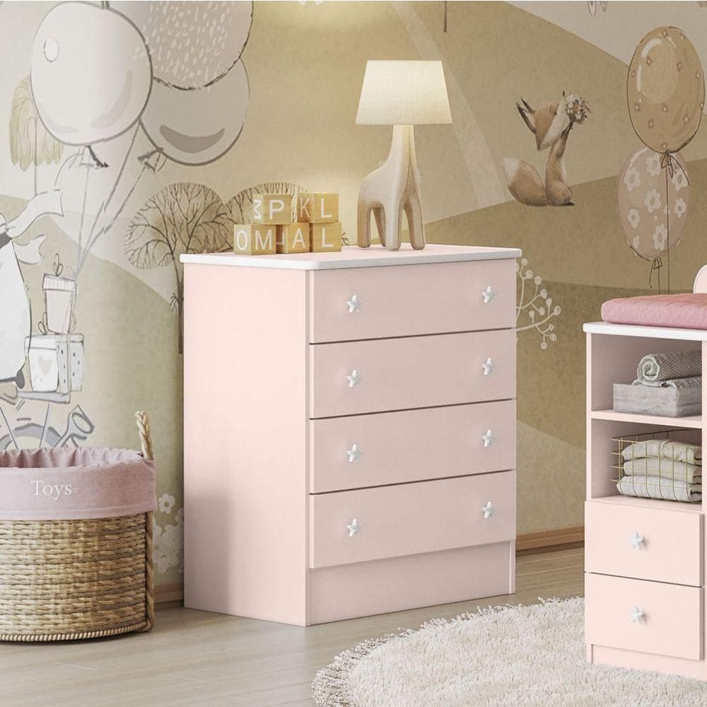 Cômoda Multiuso Doce Sonho Infantil Com 4 Gavetas Organizadora De Roupas Para Quarto De Criança Menina Cor Rosa