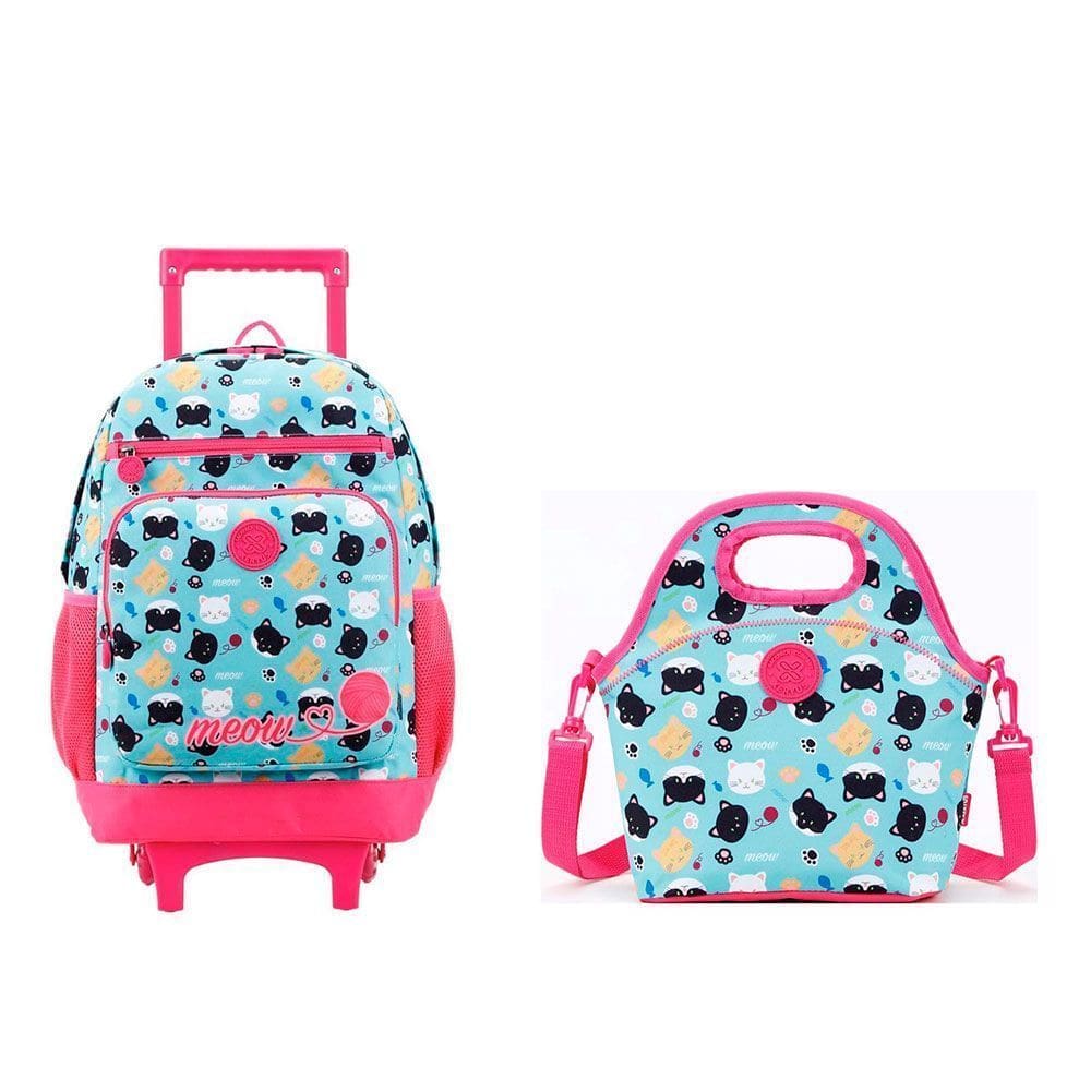 Kit Mochila Rodinha G Lancheira College Gato