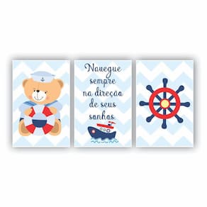 Kit Placas Quadros 3 Pçs 20X30 Infantil Urso Marinheiro