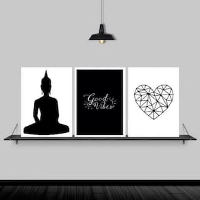 Kit 3 Quadros Zen Buda Good Vibes 45X34 C/Vidro - Branca