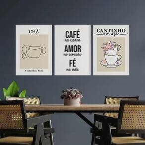 Kit 3 Quadros Cantinho Chá E Café 45X34Cm - Madeira Branca
